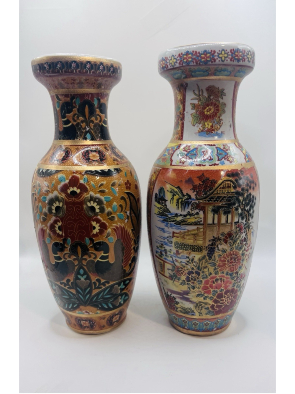 Set of 2 Vintage Chinese Moriage Vase Satsuma Style Pagoda Swan Handpainted 10”